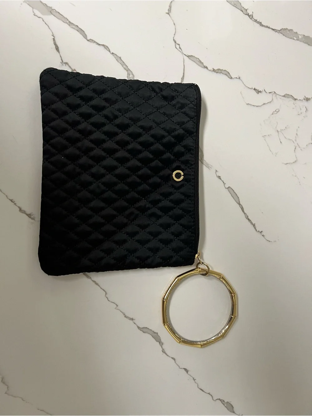 Quilted Black Wristlet Pouch with Gold Ring